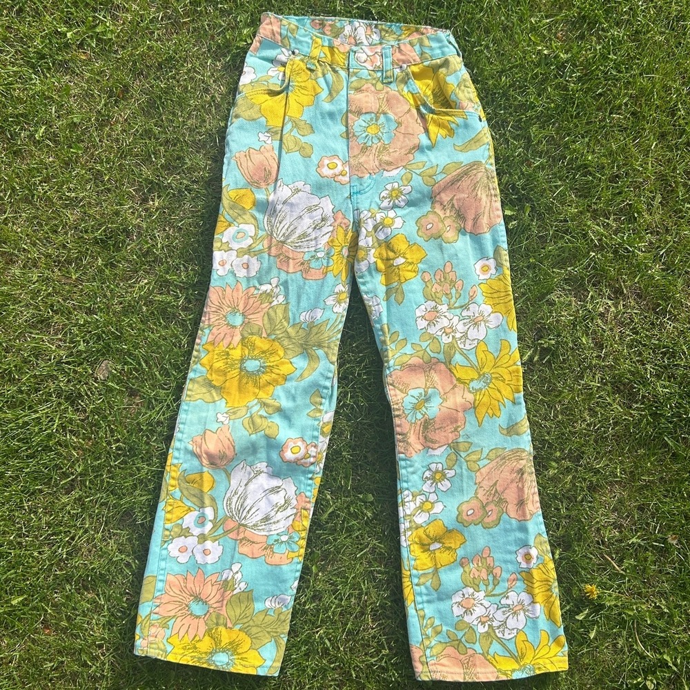Vintage 70s 60s Floral Pants Jeans Maverick Groovy Straight Sz 12 Girls Bell